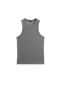 Grå ärmlös tanktopp med rund halsringning, tillverkad av ett mjukt, texturerat tyg. Har en enfärgad design och en figurnära passform.