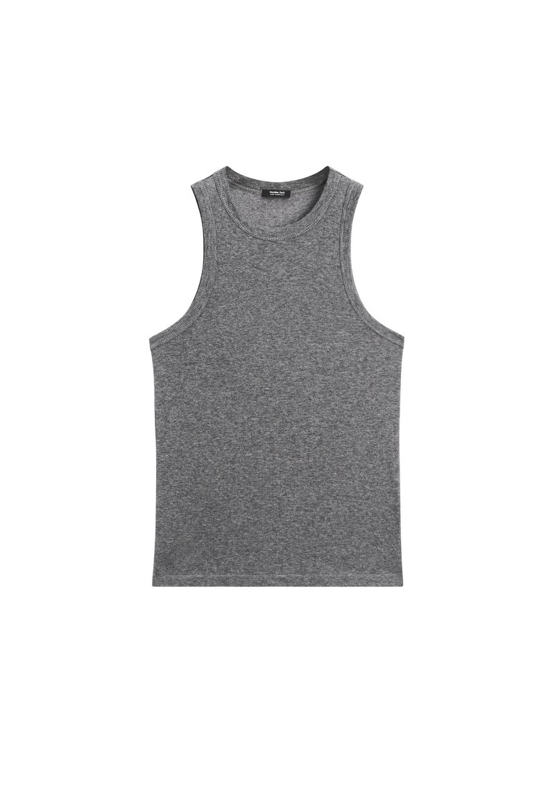 Grå ärmlös tanktopp med rund halsringning, tillverkad av ett mjukt, texturerat tyg. Har en enfärgad design och en figurnära passform.