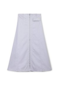 Gonna midi A-line di colore lilla con zip frontale e piccola tasca a patta in vita, presentata su sfondo bianco.