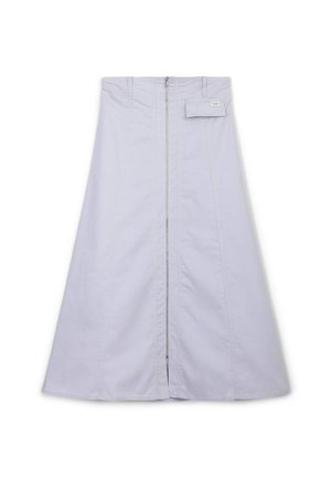 Jupe midi A-line lilas clair avec fermeture éclair avant et petite poche rabat sur la taille, présentée sur fond blanc.