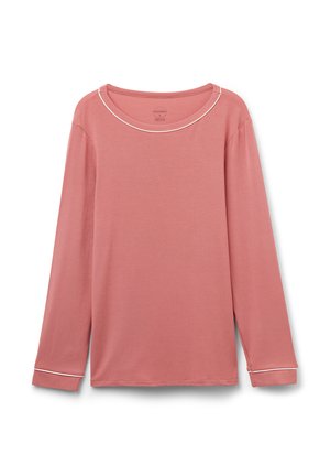 Langsleeve shirt in pastelroze katoen, met een ronde hals met witte bies en manchetten met contrasterende witte accenten. Zachte textuur.