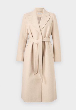 Beige long wool coat with wide lapels, two side pockets, and a matching belt tied at the waist, displayed on a plain background.