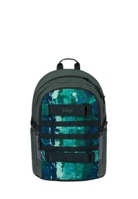 Backpack with a mix of dark green fabric and a blue-green abstract pattern. Features adjustable straps and multiple zipped compartments.