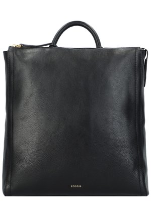 Schwarzer Leder-Rucksack von Fossil mit oberem Griff und Reißverschluss, mit glatter Textur und minimalem Branding.