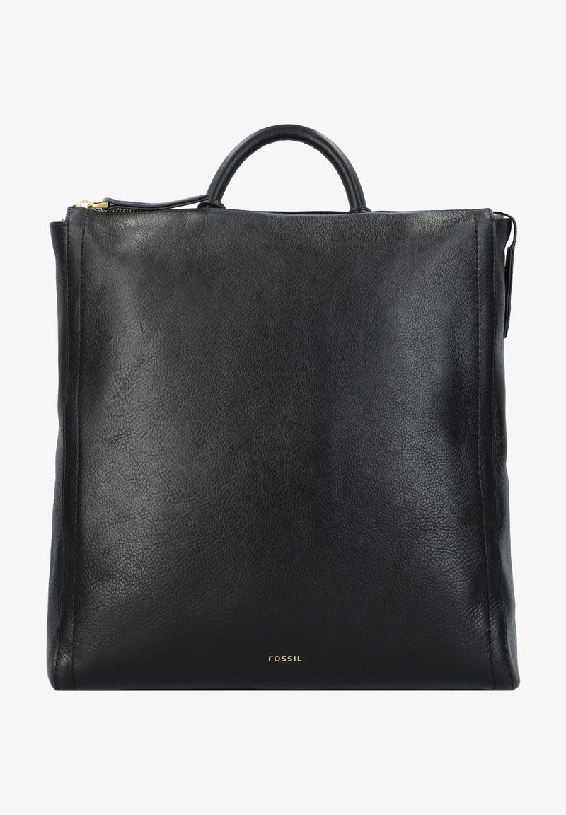 Sac à dos Fossil en cuir noir avec poignée supérieure et fermeture éclair, présentant une texture lisse et un marquage minimal.