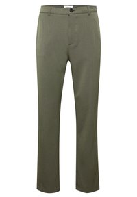 Olive green trousers made of smooth fabric, featuring a flat front, two side pockets, a single rear pocket, and a button closure.