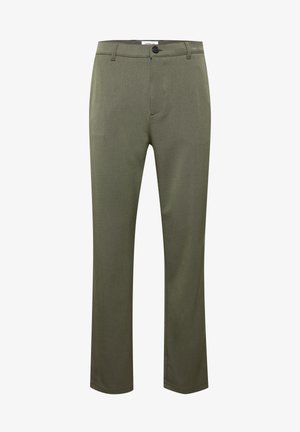 Kreminiai žalios kelnės, pagamintos iš lygaus audinio, su plokščiu priekiu, dviem šoninėm kišenėm, viena gale esančia kišenė ir mygtuko uždarymu.