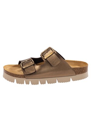 Bronzen leren sandalen met twee verstelbare banden, textuur oppervlak, kurken middenzool en een dikke rubberen buitenzool met zichtbare grip.
