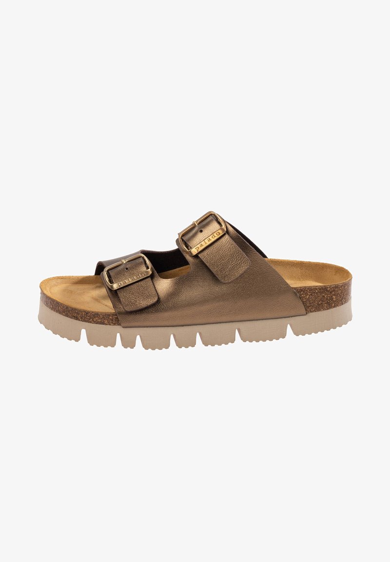 Bronzen leren sandalen met twee verstelbare banden, textuur oppervlak, kurken middenzool en een dikke rubberen buitenzool met zichtbare grip.