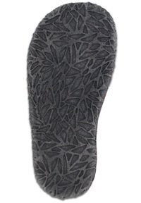 Graue Gummisohle mit strukturiertem Muster aus ineinander verschlungenen, winkligen Formen. Verfügt über ein konturiertes Fußbett und ein abgerundetes Zehendesign.