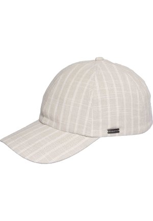 Beige pinstriped baseball cap with curved brim and small black "bugatti" label on side panel.