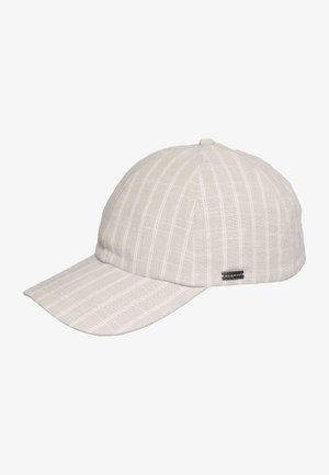 Beige pinstriped baseball cap with curved brim and small black "bugatti" label on side panel.