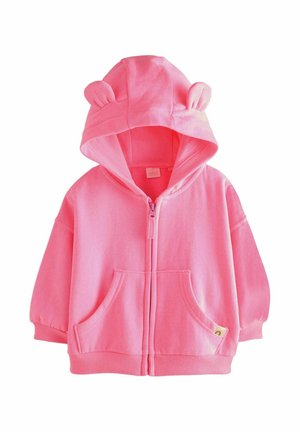 Rosa Zip-up Kapuzenpullover mit Bärenohren, ausgestattet mit zwei Vorderaschen, gerippten Bündchen und strukturiertem Stoff.