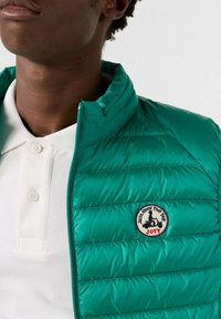 Chaleco acolchado verde con textura acolchada, cuello alto y parche con logo en el pecho. Llevado sobre una camiseta polo blanca con dos botones.