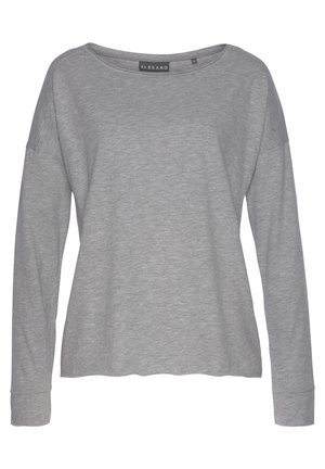 Graues Langarmshirt aus weichem Stoff mit weitem Ausschnitt, fallen gelassenen Schultern und einem leicht gerundeten Saum. Etikett liest "ELBSAND."