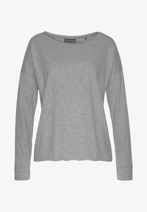 Graues Langarmshirt aus weichem Stoff mit weitem Ausschnitt, fallen gelassenen Schultern und einem leicht gerundeten Saum. Etikett liest "ELBSAND."