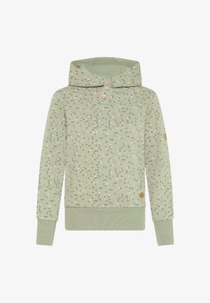 Sweat à capuche vert à motifs avec un design circulaire dans des tons de vert, de pêche et de blanc. Dispose d'une poche kangourou et d'un col boutonné.