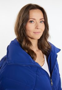 Modra pufasta jakna z visokim ovratnikom in zadrgo. Ima kviltano teksturo in sijoč material. Pod njo je viden bel top.