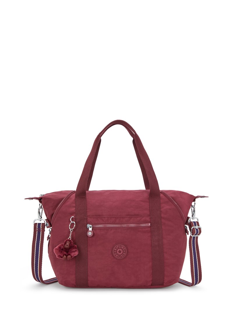 Borsa in tessuto bordeaux con doppio manico e tracolla staccabile a strisce. Presenta una tasca frontale con zip e un dettaglio con charm. Logo circolare sulla parte anteriore.