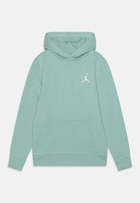 Ljus teal-hoodie med framficka och liten vit Jumpman-logga på vänster bröst, långa ärmar och ribbade muddar.