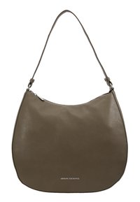 Borsa hobo in pelle beige con superficie testurizzata, forma curvata, tracolla singola e chiusura con zip. Presenta un logo sul davanti.