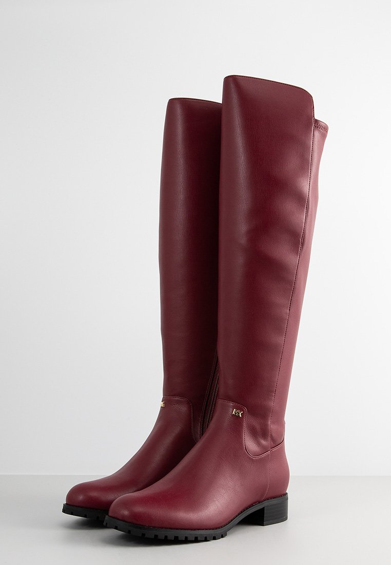 Stivali in pelle bordeaux al ginocchio con finitura liscia, tacco basso a blocco e dettagli dorati sui lati, dotati di cerniera per un facile utilizzo.