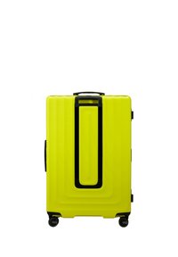 Yellow hard-shell suitcase with vertical grooves, black accents, a top handle, and four rolling wheels for mobility.
