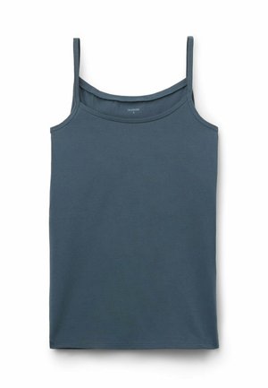 Canottiera in cotone blu navy con spalline regolabili, scollatura a giro e orlo dritto. Texture morbida senza motivi visibili.