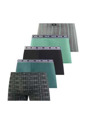 Five pairs of men's boxer briefs in assorted solid colors and patterns, with elastic waistbands labeled "HIS."