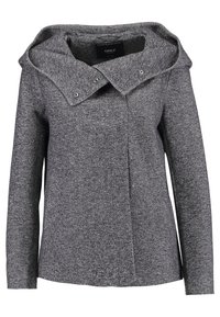 Šedá texturovaná bunda s širokým skládacím límcem a patentkami. Dlouhé rukávy a volný střih. Hladká podšívka.