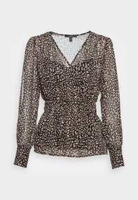 Sort bluse med lange, gennemsigtige ærmer, en V-udskæring og en elastisk talje. Har et beige abstrakt leopardmønster over hele stoffet.