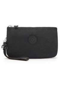 Portafoglio in nylon nero con chiusura a zip, caratterizzato da un patch rotondo con logo, superficie texture e un cinturino da polso. Inclusa una decorazione a forma di portachiavi.