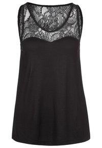 Top senza maniche nero con inserti in pizzo sullo scollo, tessuto morbido, vestibilità rilassata e orlo arrotondato. Il pizzo presenta motivi floreali.