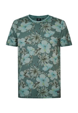 Short-sleeve t-shirt in green with a floral pattern featuring large light blue and white flowers, dark leaves, and a ribbed crew neckline.