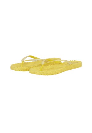 Yellow woven sole flip-flops with thin yellow plastic straps, angled to show the top and side views against a white background.