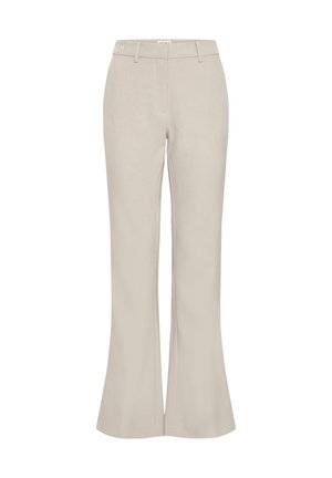 Beige flared trousers made of lightweight fabric. Features a smooth texture, front crease, and a fitted waist with a subtle logo detail.