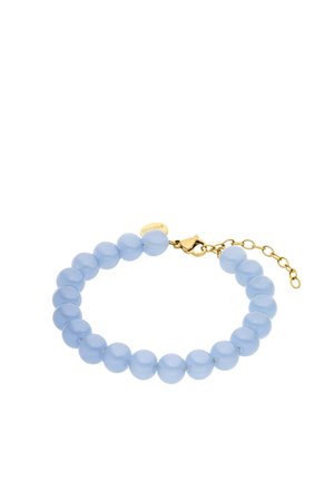 Bracelet with round light blue beads and a gold lobster clasp with an adjustable chain on a white background.
