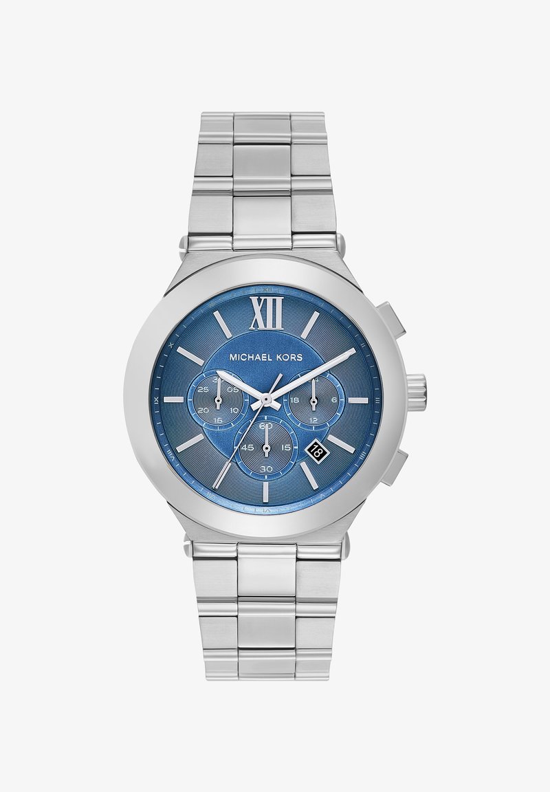 Montre-bracelet en métal argenté avec cadran bleu, trois sous-cadrans, chiffre romain XII, fenêtre date à 4 heures et marque "Michael Kors".
