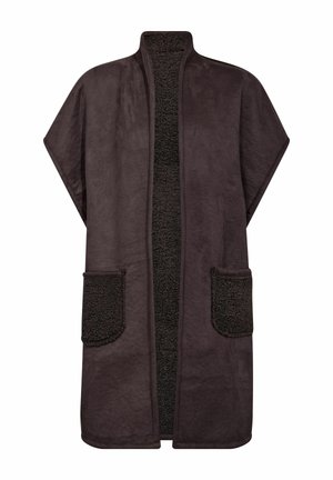 Dark gray robe with a soft, plush exterior and fuzzy inner lining. Features two front pockets, open front design, and no closure.