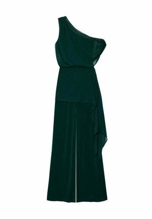 Vestido de un solo hombro, de color verde oscuro, hecho de una tela fluida, con un corpiño drapeado y un dobladillo asimétrico con un detalle en el panel lateral.