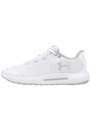 White Under Armour athletic shoe with gray stripes, lace-up closure, and cushioned sole viewed from the outer side.