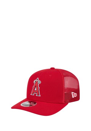 Red baseball cap with mesh back and embroidered "A" logo topped with a halo on the front panel, New Era logo on the side.