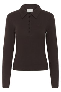 Dark brown long-sleeve polo shirt with six black buttons and a small embroidered logo on the left chest.