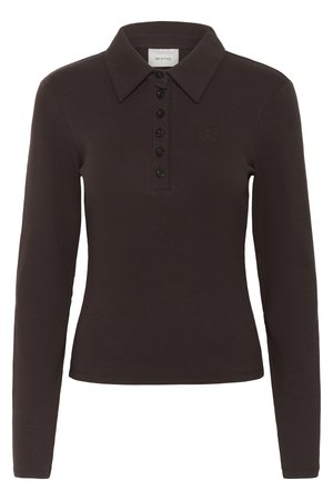 Dark brown long-sleeve polo shirt with six black buttons and a small embroidered logo on the left chest.