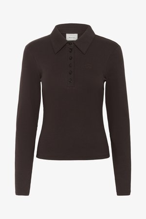 Dark brown long-sleeve polo shirt with six black buttons and a small embroidered logo on the left chest.