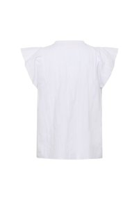 Blouse blanche à manches courtes avec épaules volantées et col rond haut, vue de dos sur un fond uni.