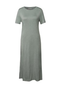 Zielona sukienka do kolan, wykonana z miękkiego, lśniącego materiału. Posiada okrągły dekolt i krótkie rękawy, z bocznymi rozcięciami dla swobody ruchów.