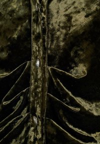 Prenda de terciopelo en verde oliva oscuro con un frente abotonado que presenta acentos en forma de diamante y detalles de fruncido texturizado. Textura suave.