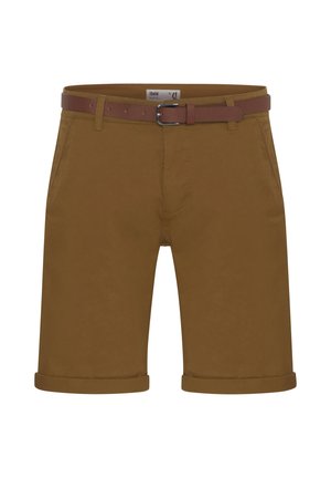 Brązowe bawełniane szorty z mankietami, z kieszeniami z przodu i brązowym paskiem z srebrną klamrą. Gładka faktura i dopasowany fason.