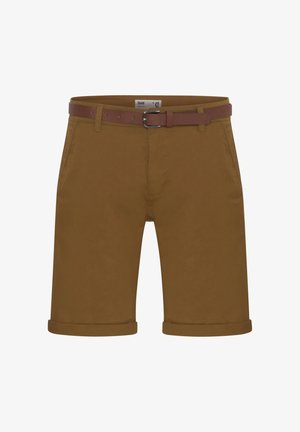 Brązowe bawełniane szorty z mankietami, z kieszeniami z przodu i brązowym paskiem z srebrną klamrą. Gładka faktura i dopasowany fason.